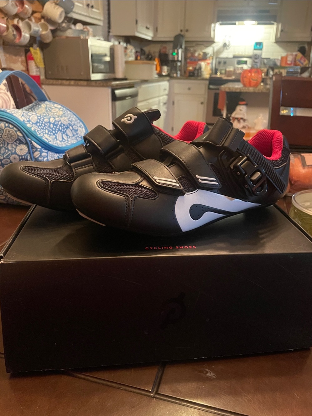 Peloton Black White and Red Women's Cycling Shoe with Ratchet Strap